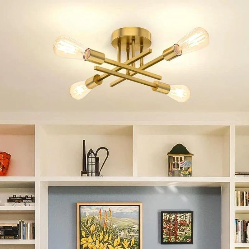 Lustre Luminária de Teto Industrial Moderno Dourado