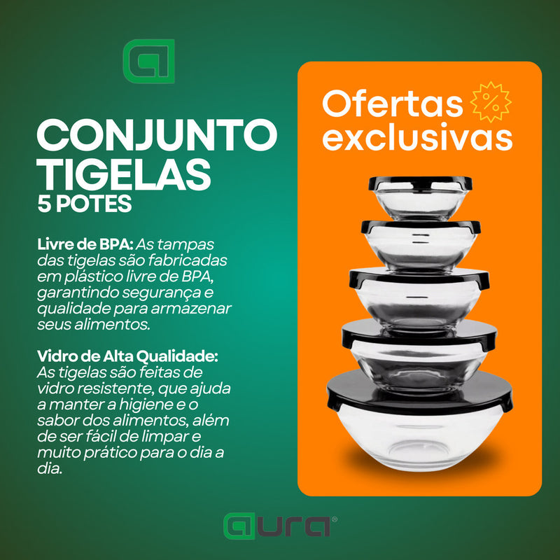 Conjunto 10 Peças de Potes de Vidro com Tampa - LEVE 10 PAGUE 5
